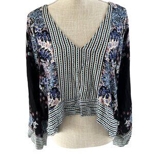 Free People Womens Boho Striped & Floral Print Long Sleeve Top S Multicolor